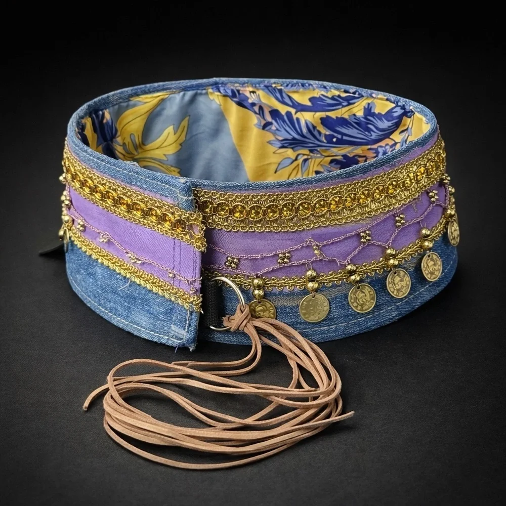 Artisan Denim Handmade Belt Gold Coin Tassel | Belly Dancer Adjustable XL SIGNED